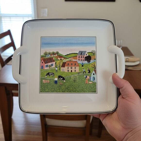 Villeroy & Boch Tray Design Naif 1983 Luxembourg Folk village 8" Square handles - Picture 1 of 9